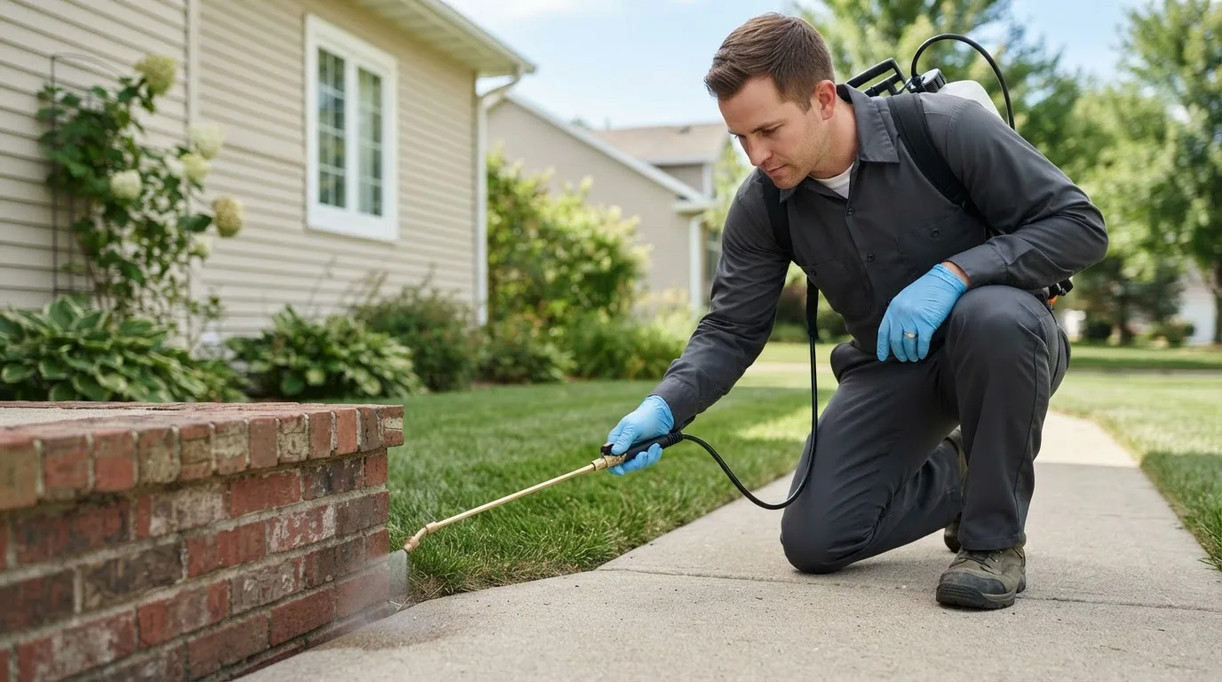Pest control technician treating a home near Clive, IA