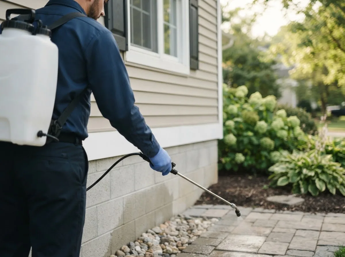 Pest control technician inspecting a home in Clive, IA